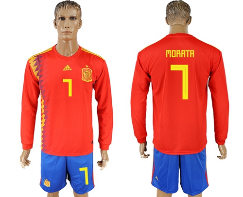 Spain #7 Morata Red Home Long Sleeves Soccer Country Jersey - Click Image to Close